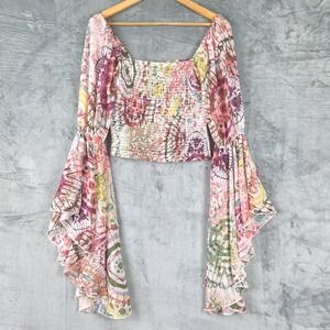 Womens Top Large Romantic Floral Cropped Smocked Flare Sleeves Fairy Coquette